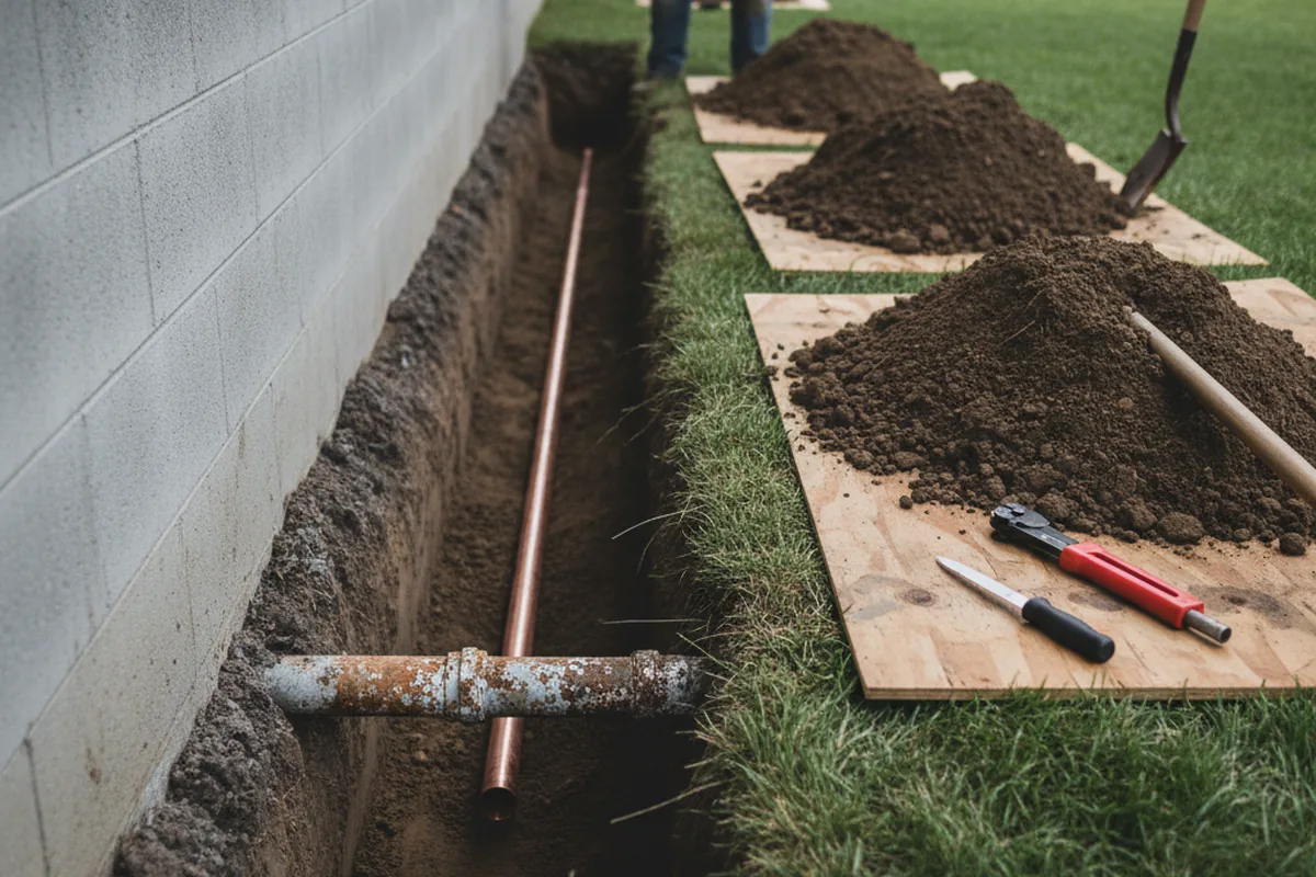 Excavated water line trench during Sewer Line Repair in Santaquin
